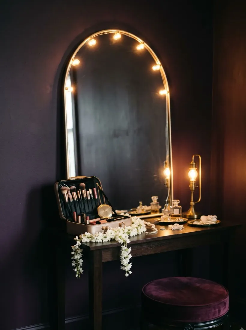 An arched dressing-table mirror lit by warm bulbs, with a makeup kit and jasmine on the table
